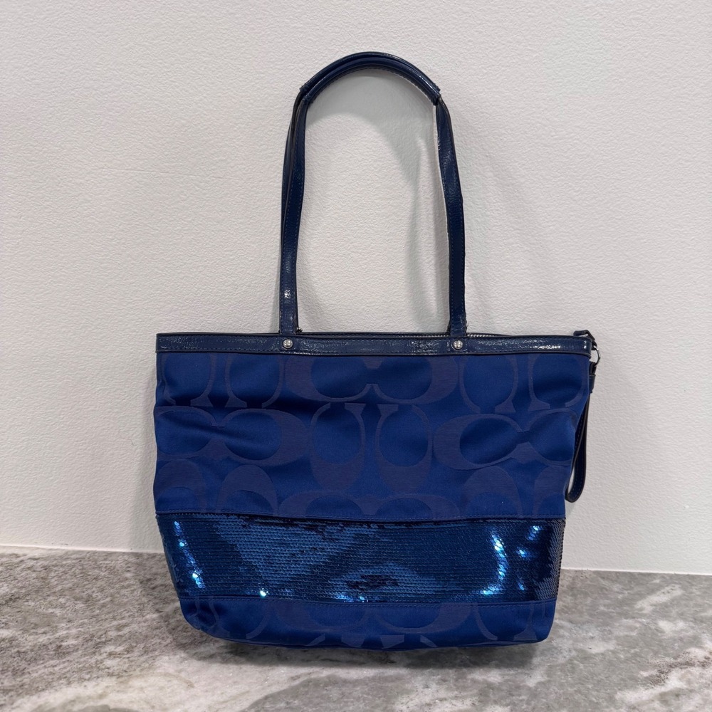 Coach F17574 Signature Tote Handbag Satin Purple Sequins Medium Blue